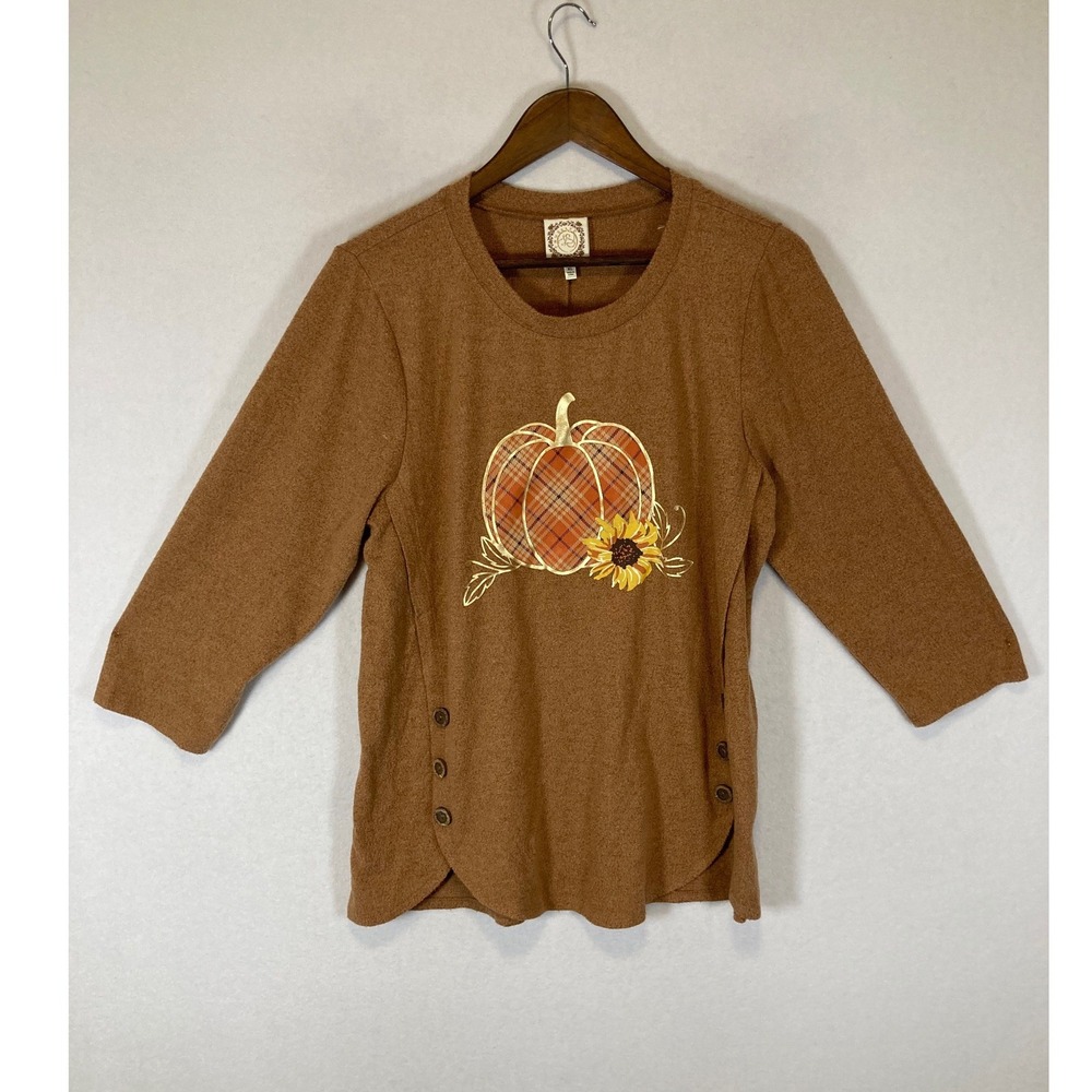 Fall Aesthetic‎ Tru Self Womens XL Brown Pumpkin Sunflower Side Button Knit Top